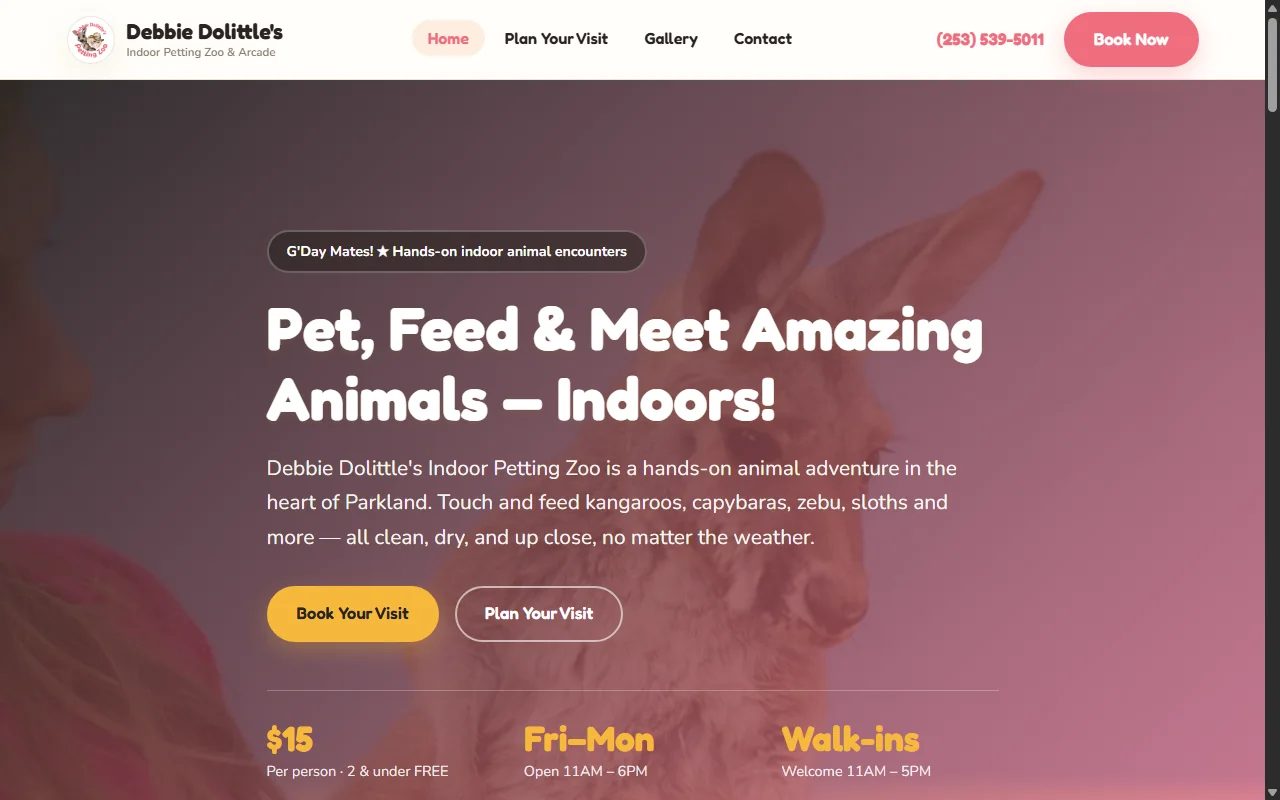Debbie Dolittle's Indoor Petting Zoo website preview